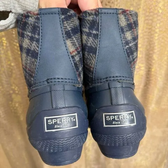 Sperry Navy Blue Saltwater Wool Plaid Duck Winter Boots Waterproof Snow Size 8