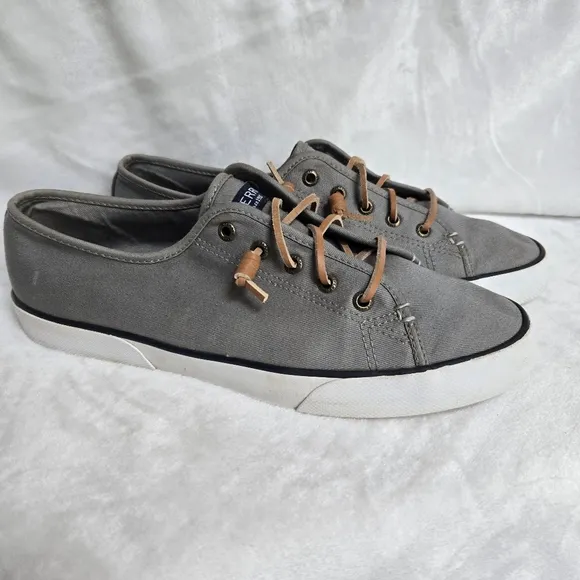 Sperry Pier Loop Gray Canvas Sneakers Size 9.5 Slip On Shoes Beach Summer Coast