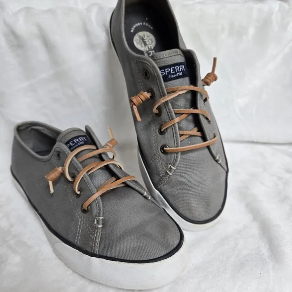 Sperry Pier Loop Gray Canvas Sneakers Size 9.5 Slip On Shoes Beach Summer Coast