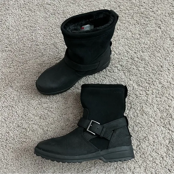 Sperry Shoes Womens Size 6 Black Leather Suede Buckle Shearling Lined Boots