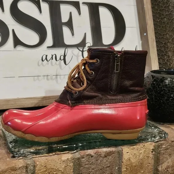 Sperry Top-Sider Saltwater Rain Boots Leather Red Rubber Wmns Sz 8