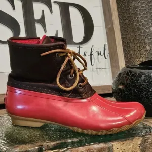 Sperry Top-Sider Saltwater Rain Boots Leather Red Rubber Wmns Sz 8