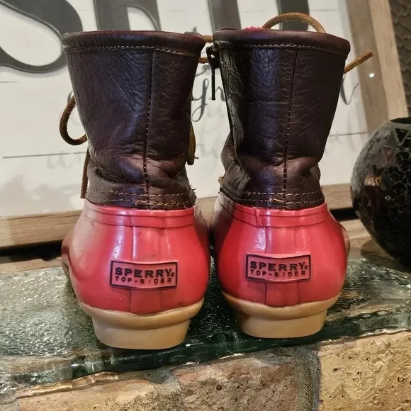 Sperry Top-Sider Saltwater Rain Boots Leather Red Rubber Wmns Sz 8