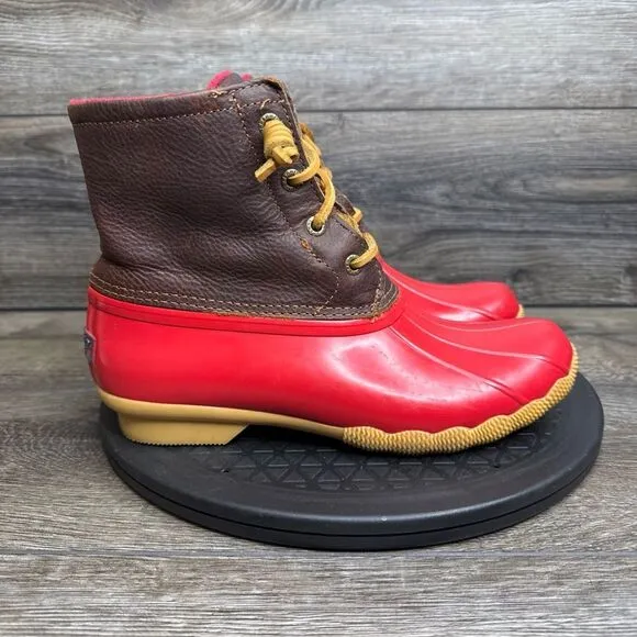 Sperry Top-Sider Saltwater Rain Boots Leather Rubber Women's Size 7.5 Red Brown