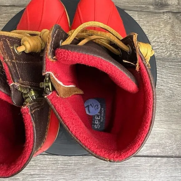 Sperry Top-Sider Saltwater Rain Boots Leather Rubber Women's Size 7.5 Red Brown