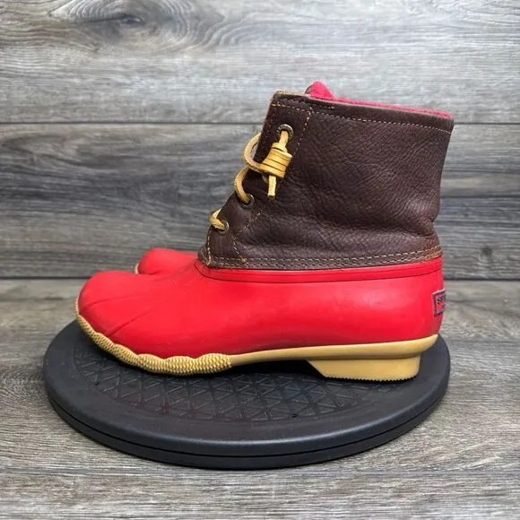 Sperry Top-Sider Saltwater Rain Boots Leather Rubber Women's Size 7.5 Red Brown