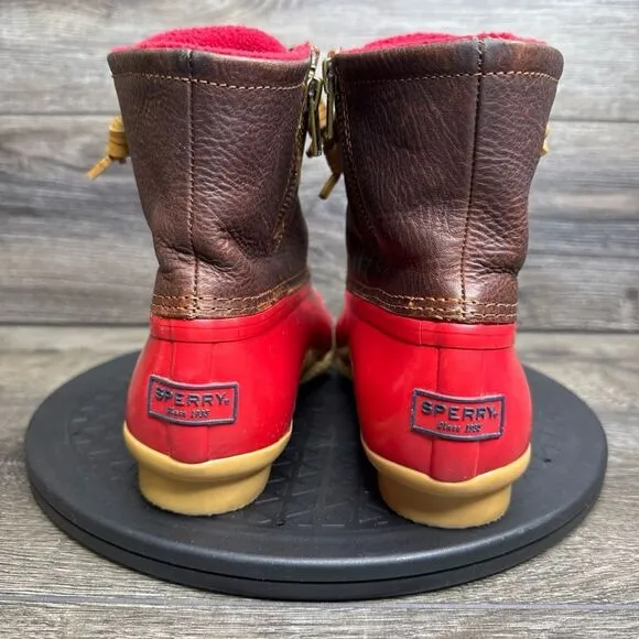 Sperry Top-Sider Saltwater Rain Boots Leather Rubber Women's Size 7.5 Red Brown