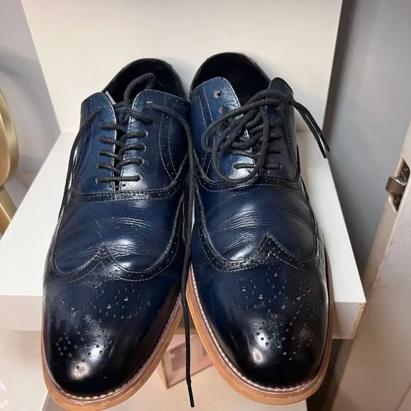 Stacy Adams Dunbar Navy Blue Leather Wingtip Oxford Dress Shoes Size‎ 10.5