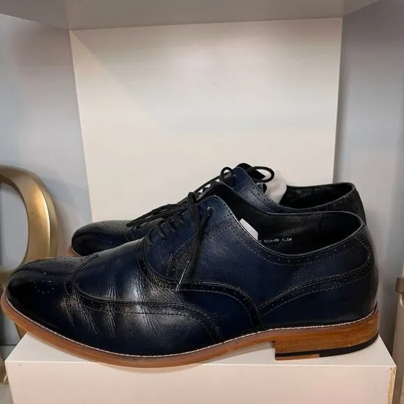 Stacy Adams Dunbar Navy Blue Leather Wingtip Oxford Dress Shoes Size‎ 10.5