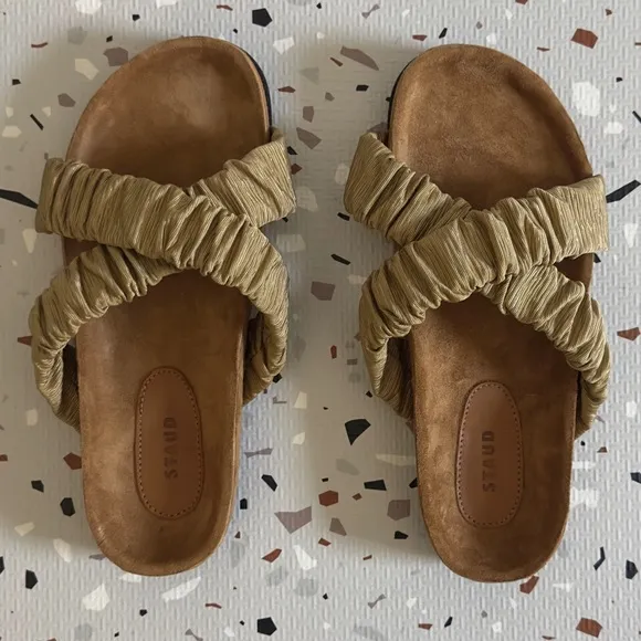 Staud Michel Slide Fennel Cashew Ruched Crisscross Sandals Size 37