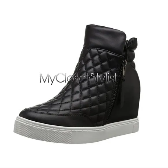 Steve Madden Black Leather 4&quot;Hidden Wedges Zip Platform Sneakers Quilted 10 RARE