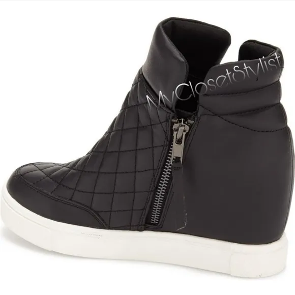 Steve Madden Black Leather 4&quot;Hidden Wedges Zip Platform Sneakers Quilted 10 RARE