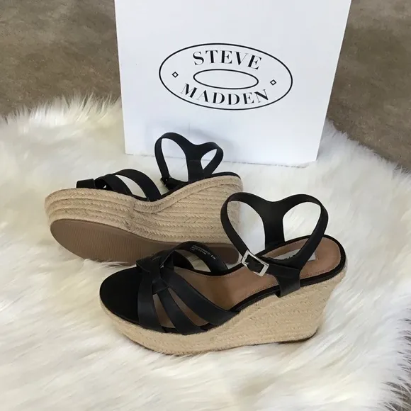 STEVE MADDEN Black Leather Espadrille Wedge Sandals
