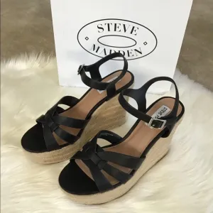 STEVE MADDEN Black Leather Espadrille Wedge Sandals