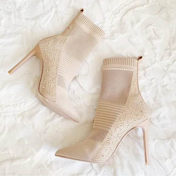 Steve Madden Maxwelle Blush Rhinestone High Heel Sock Booties