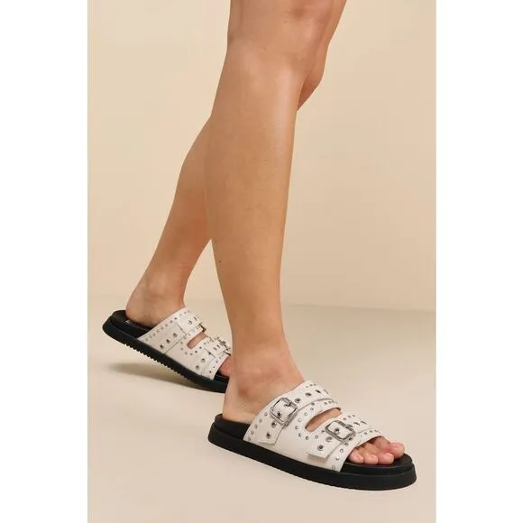 Steve Madden Melanie Bone Leather Buckled Slide Sandals