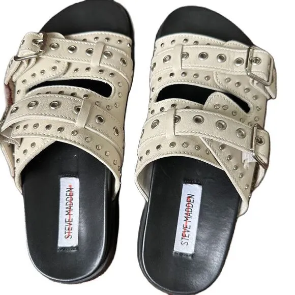 Steve Madden Melanie Bone Leather Buckled Slide Sandals