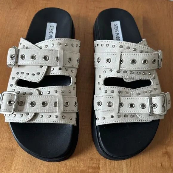 Steve Madden Melanie Bone Leather Buckled Slide Sandals