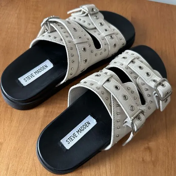 Steve Madden Melanie Bone Leather Buckled Slide Sandals