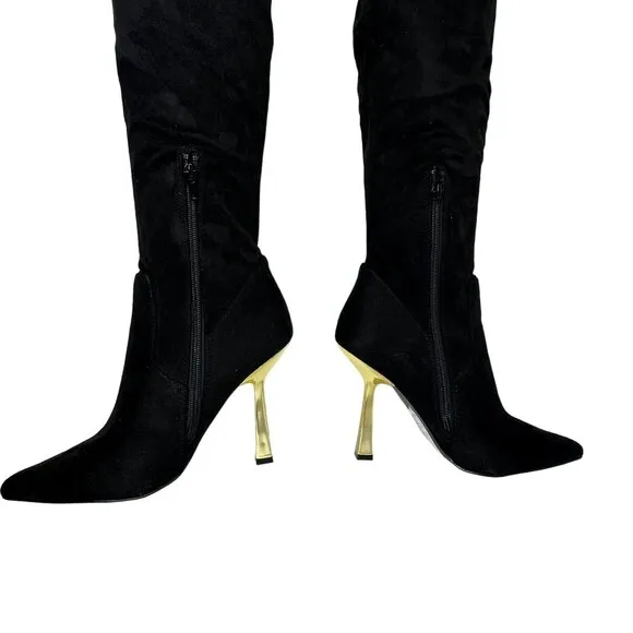 Steve Madden Venuss Over-The-Knee Boots Black Suede Gold Heel Size 8.5 New