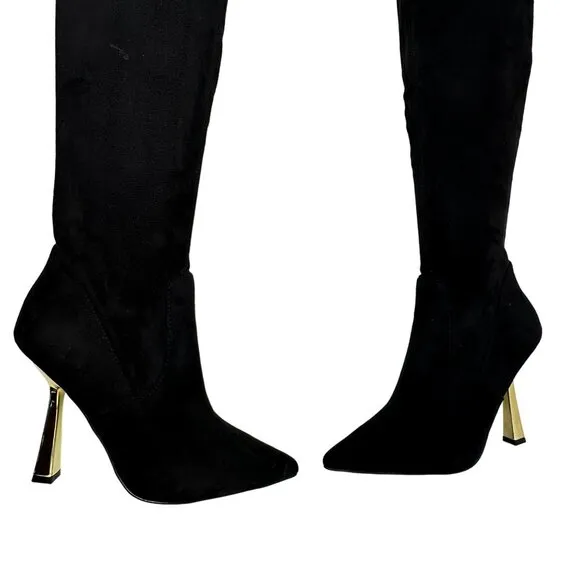 Steve Madden Venuss Over-The-Knee Boots Black Suede Gold Heel Size 8.5 New