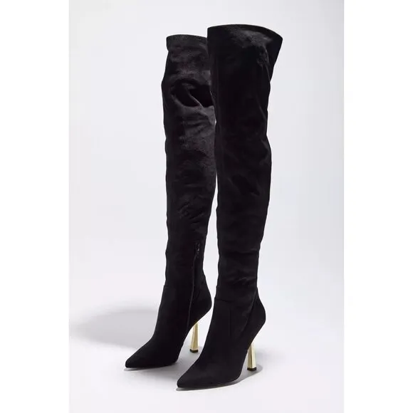 Steve Madden Venuss Over-The-Knee Boots Black Suede Gold Heel Size 8.5 New