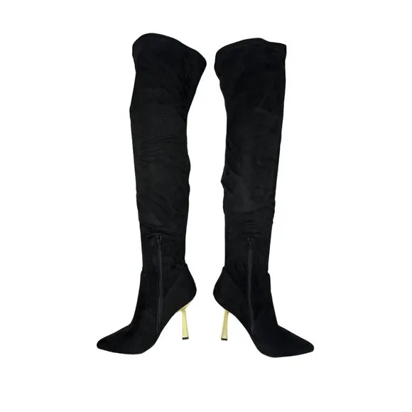 Steve Madden Venuss Over-The-Knee Boots Black Suede Gold Heel Size 8.5 New