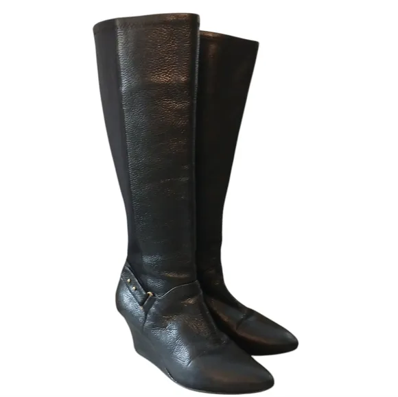 STEVEN Jaden Women's Tall Black Leather Wedge Boot Knee High Boots sz 8.5