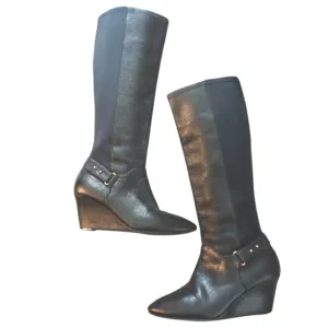 STEVEN Jaden Women's Tall Black Leather Wedge Boot Knee High Boots sz 8.5