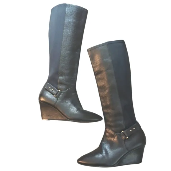 STEVEN Jaden Women's Tall Black Leather Wedge Boot Knee High Boots sz 8.5