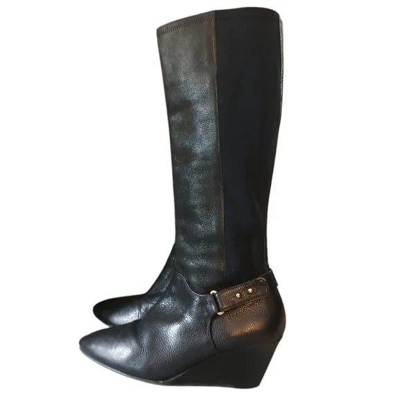 STEVEN Jaden Women's Tall Black Leather Wedge Boot Knee High Boots sz 8.5