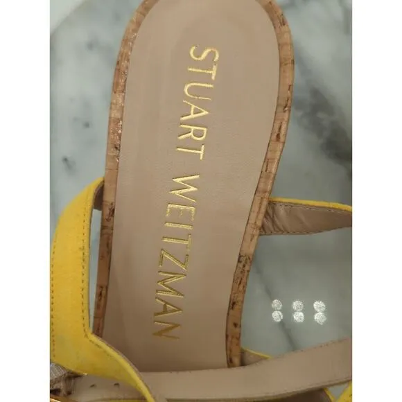 Stuart Weitzman Analeigh Shoes Woman's 10 Sandal Yellow Suede Cork Heel