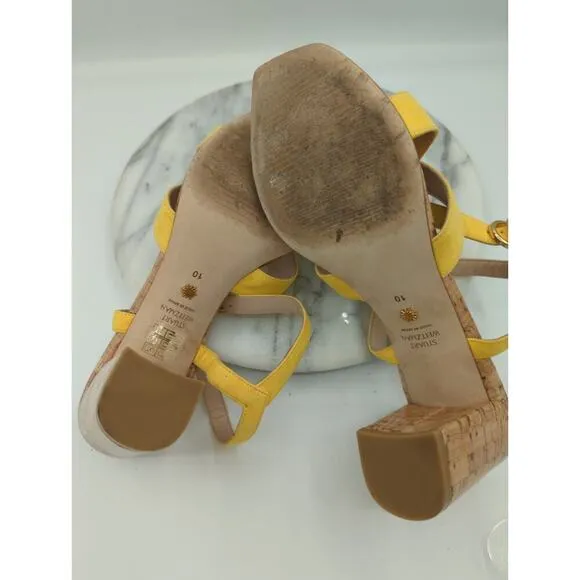 Stuart Weitzman Analeigh Shoes Woman's 10 Sandal Yellow Suede Cork Heel