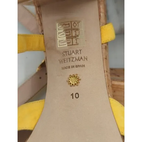Stuart Weitzman Analeigh Shoes Woman's 10 Sandal Yellow Suede Cork Heel
