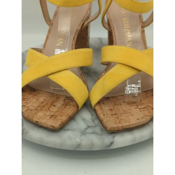 Stuart Weitzman Analeigh Shoes Woman's 10 Sandal Yellow Suede Cork Heel