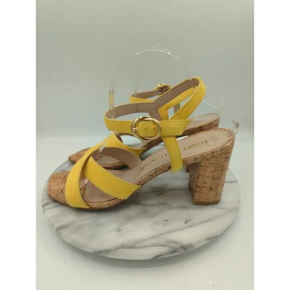 Stuart Weitzman Analeigh Shoes Woman's 10 Sandal Yellow Suede Cork Heel