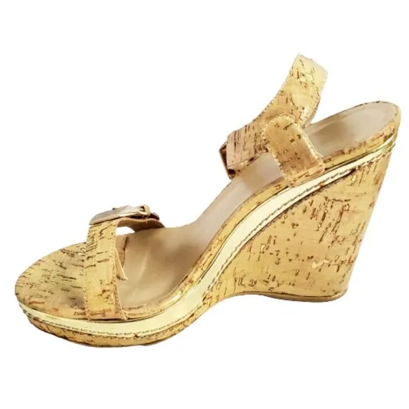 Stuart Weitzman Annex Cork Wedge Gold Metallic Sandals. 9N