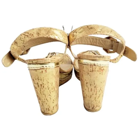 Stuart Weitzman Annex Cork Wedge Gold Metallic Sandals. 9N