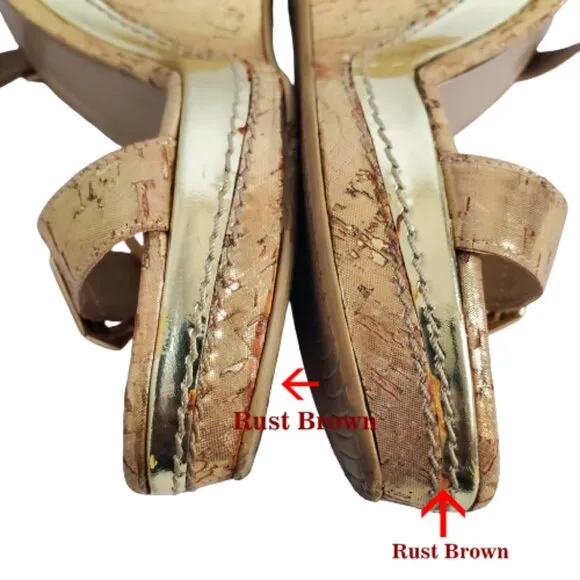 Stuart Weitzman Annex Cork Wedge Gold Metallic Sandals. 9N
