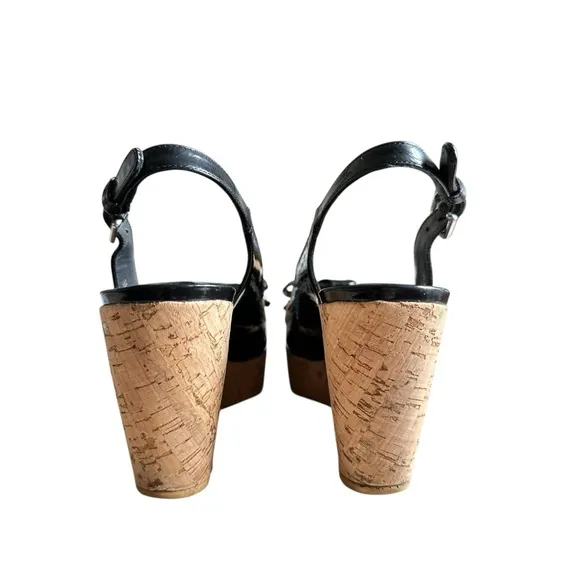 Stuart Weitzman Black Bodajean Bow Patent Leather Wedge Sandals Size 8.5