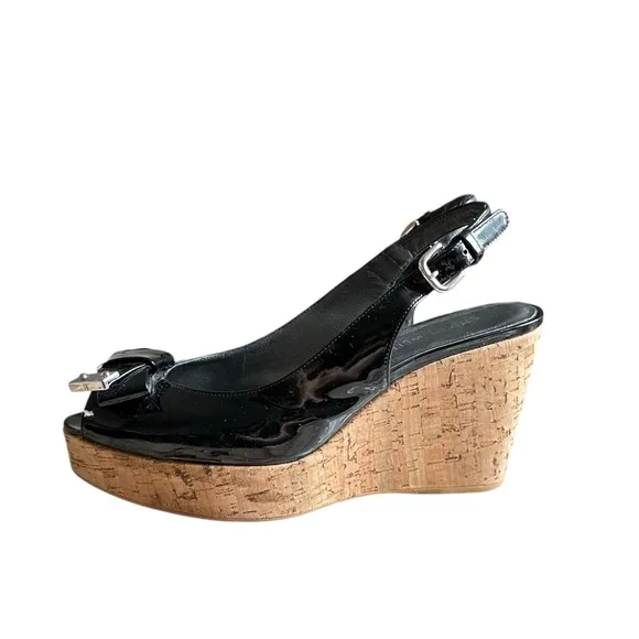 Stuart Weitzman Black Bodajean Bow Patent Leather Wedge Sandals Size 8.5