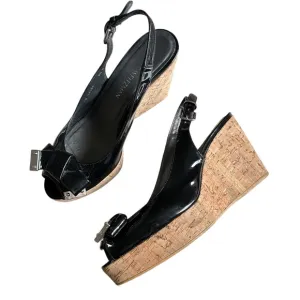 Stuart Weitzman Black Bodajean Bow Patent Leather Wedge Sandals Size 8.5