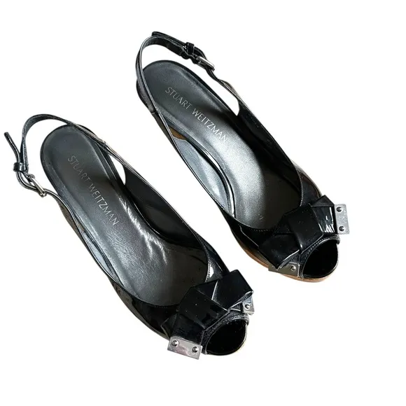 Stuart Weitzman Black Bodajean Bow Patent Leather Wedge Sandals Size 8.5