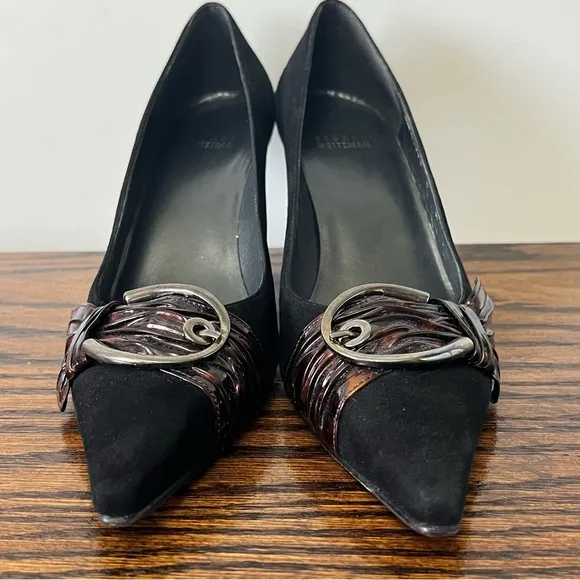 Stuart Weitzman Black Suede Heels Pointed Toe Buckle Pumps Size 8 Career Office