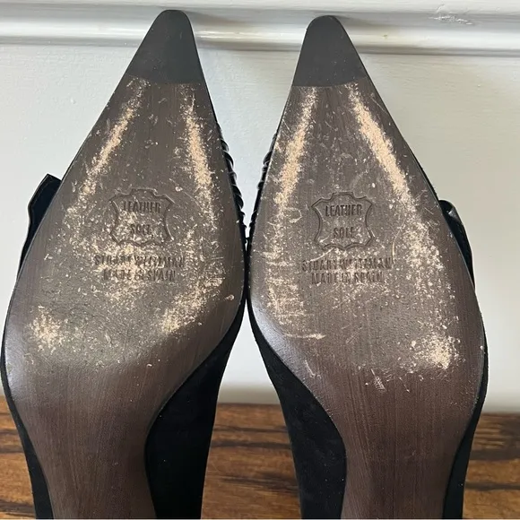 Stuart Weitzman Black Suede Heels Pointed Toe Buckle Pumps Size 8 Career Office