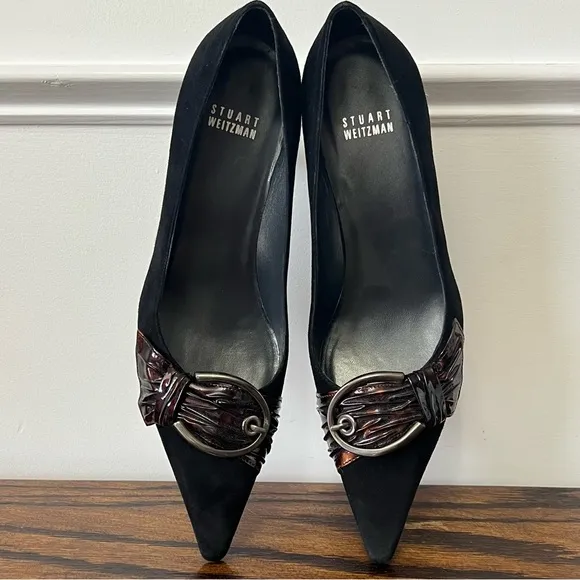 Stuart Weitzman Black Suede Heels Pointed Toe Buckle Pumps Size 8 Career Office