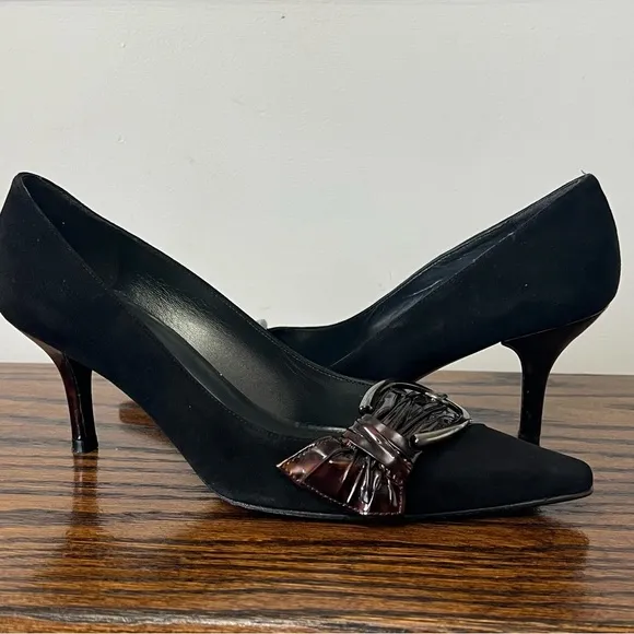 Stuart Weitzman Black Suede Heels Pointed Toe Buckle Pumps Size 8 Career Office