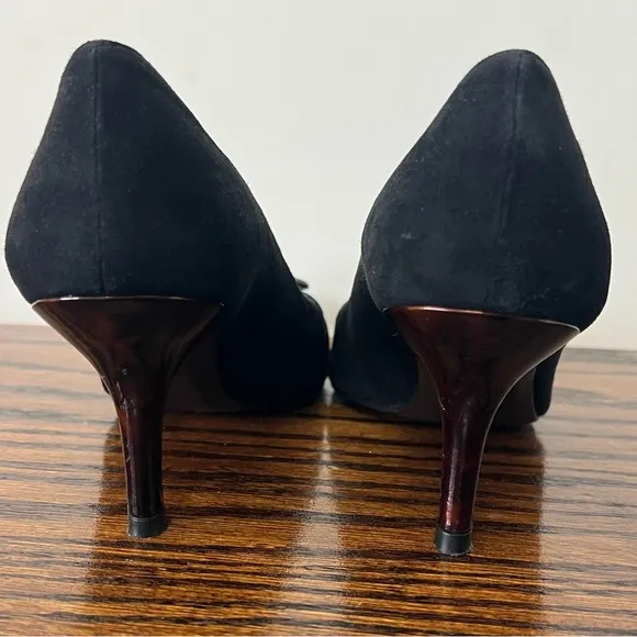 Stuart Weitzman Black Suede Heels Pointed Toe Buckle Pumps Size 8 Career Office