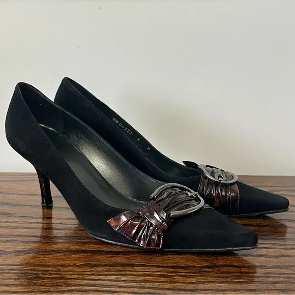 Stuart Weitzman Black Suede Heels Pointed Toe Buckle Pumps Size 8 Career Office