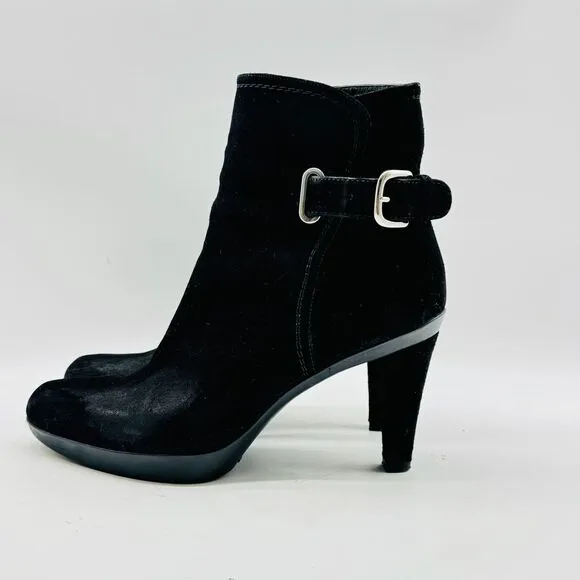 Stuart Weitzman Boots Womens 6 Black Suede Ankle Bootie Heeled Buckle Shoes